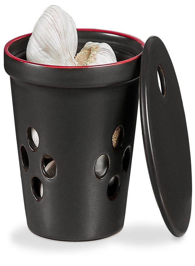 ONEMORE Large Garlic Keeper for Counter, Garlic Holder Countertop Garlic Storage Container with Lid, Ceramic Garlic Jar Garlic Saver Keeper for Fridge - Farmhouse Style Kitchen Décor, 5 inch, Black - Image 1