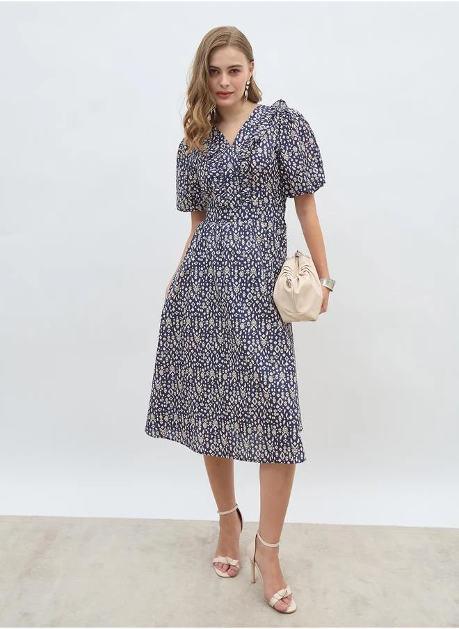 ستايلي Styli All-Over Print V Neck A-Line Midi Dress with Ruffle Trim