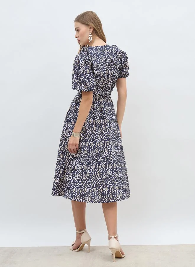 Styli Styli All-Over Print V Neck A-Line Midi Dress with Ruffle Trim