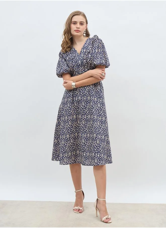 ستايلي Styli All-Over Print V Neck A-Line Midi Dress with Ruffle Trim