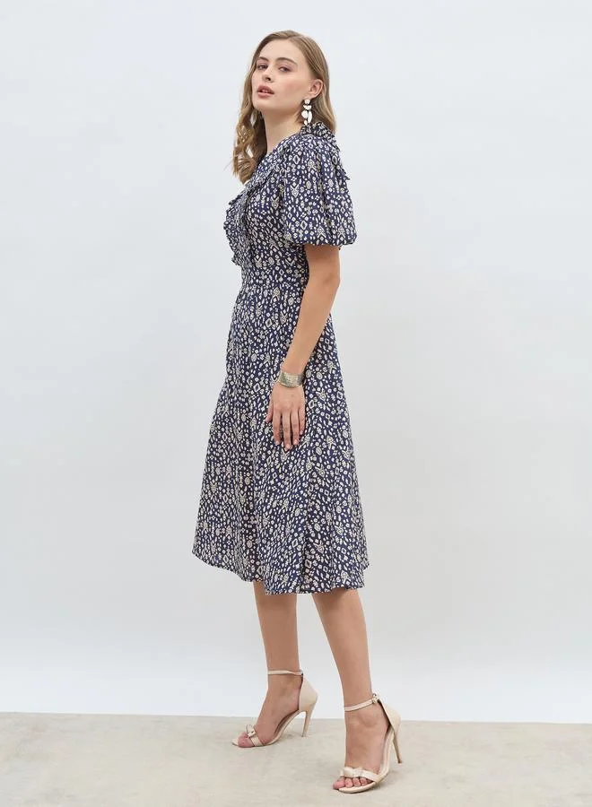 Styli Styli All-Over Print V Neck A-Line Midi Dress with Ruffle Trim