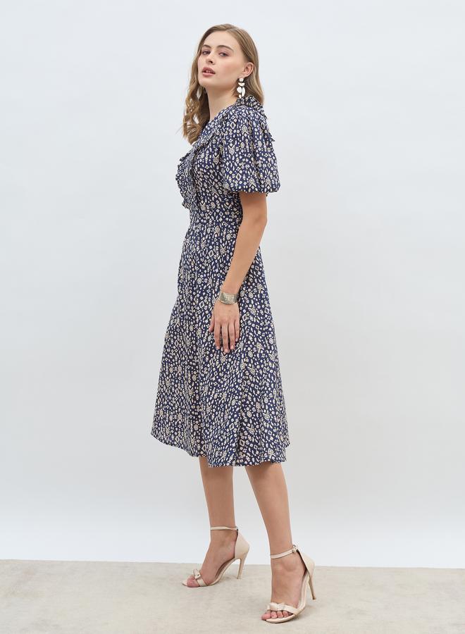 ستايلي فستان ميدي بقصة - وياقة على شكل  وطبعات شاملة وزخرفة بكشكشة - Image 3