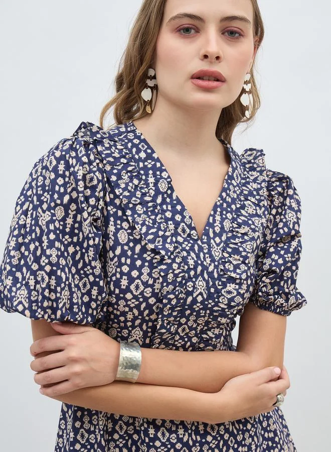 Styli Styli All-Over Print V Neck A-Line Midi Dress with Ruffle Trim