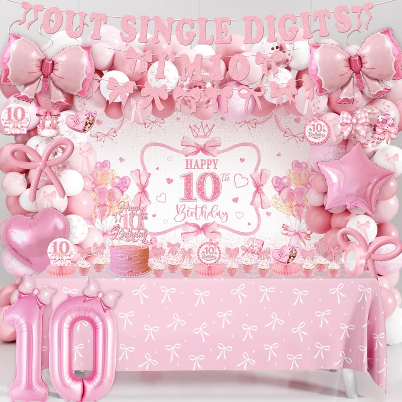 THAWAY 10th Birthday Decorations for Girl, Pink Bow Themed Party Supplies Includes "I'm 10" Banner, Backdrop Hanging Swirls, Centerpieces Number 10 Balloon & Mini Bow Balloons for Double Digits Birthday Girl - Image 1