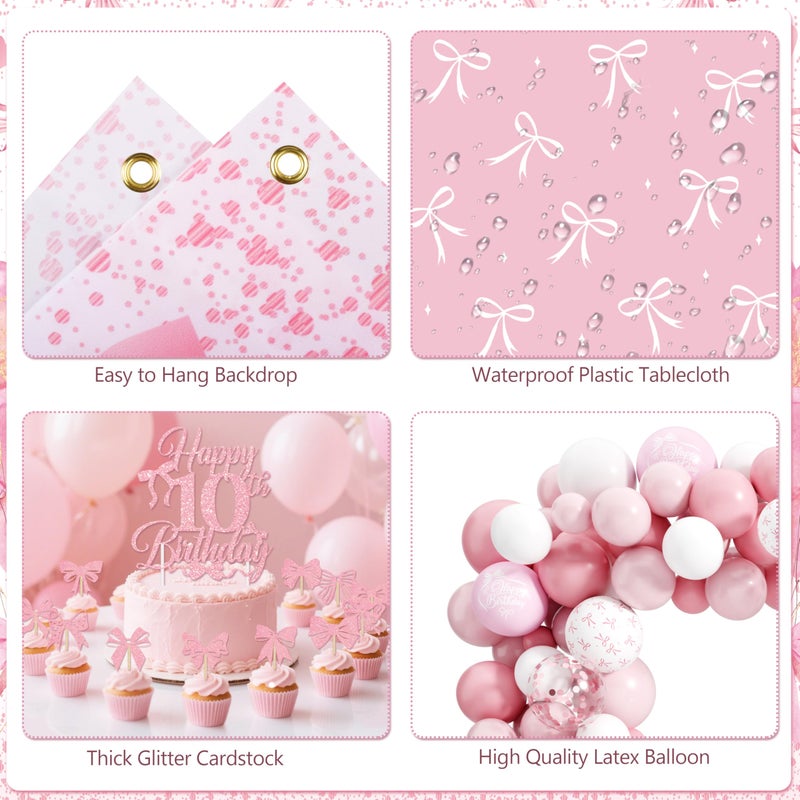 THAWAY 10th Birthday Decorations for Girl, Pink Bow Themed Party Supplies Includes "I'm 10" Banner, Backdrop Hanging Swirls, Centerpieces Number 10 Balloon & Mini Bow Balloons for Double Digits Birthday Girl - Image 4
