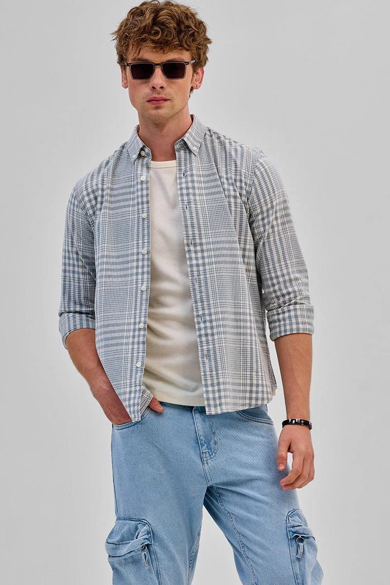 سنيتش Light Blue Checkered Long Sleeve Slim Fit Casual Shirt