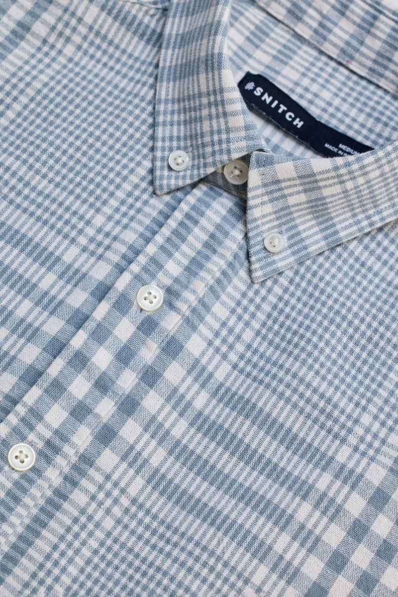سنيتش Light Blue Checkered Long Sleeve Slim Fit Casual Shirt