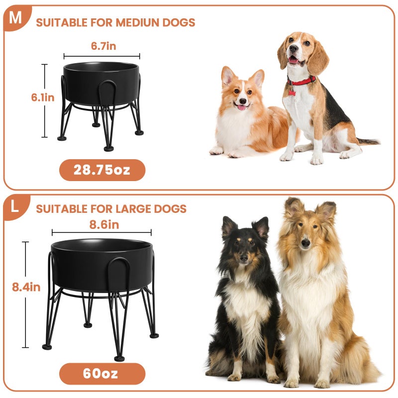 Kitwinney Elevated Dog Bowls, Ceramic Raised Dog Bowl Set with Anti-Slip and Non-Tip Metal Stand, 2 Pack Pet Food and Water Feeding Bowls for Small and Medium Dogs (Black,7.6 Cups) - Image 3