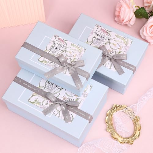 HOME ELEMENTS 3 Pcs Set of Elegant Decorative Gift Boxes with Bow, Rigid Cardboard Boxes, Decorative Present Boxes,Bridesmaid Box, Empty Gift Boxes for Presents, Hampers, Birthdays, Weddings & Events, Special Occasions (Blue) - Image 1