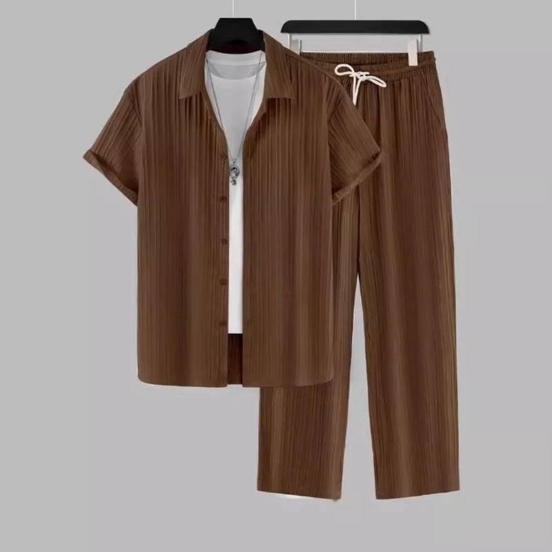 Men's Striped Short Sleeve Shirt and Pants Set - Image 3