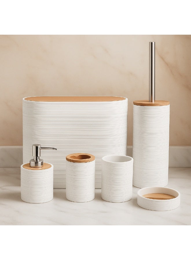 KITCHEN HERO Modern 6-Piece Elegant Bathroom Accessory Set – Includes Toilet Brush, Soap Dispenser, Waste Bin, Toothbrush Holder, Tumbler, and Soap Dish – Textured Design with Bamboo Lids (White) - Image 1