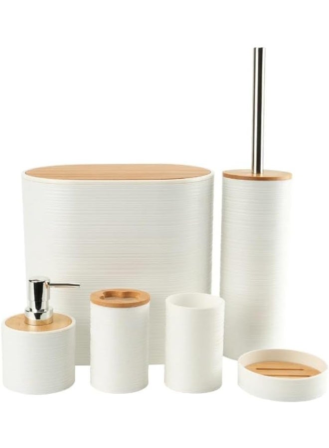 KITCHEN HERO Modern 6-Piece Elegant Bathroom Accessory Set – Includes Toilet Brush, Soap Dispenser, Waste Bin, Toothbrush Holder, Tumbler, and Soap Dish – Textured Design with Bamboo Lids (White) - Image 3