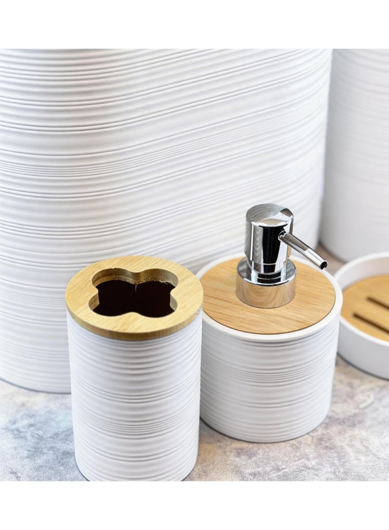 KITCHEN HERO Modern 6-Piece Elegant Bathroom Accessory Set – Includes Toilet Brush, Soap Dispenser, Waste Bin, Toothbrush Holder, Tumbler, and Soap Dish – Textured Design with Bamboo Lids (White) - Image 2