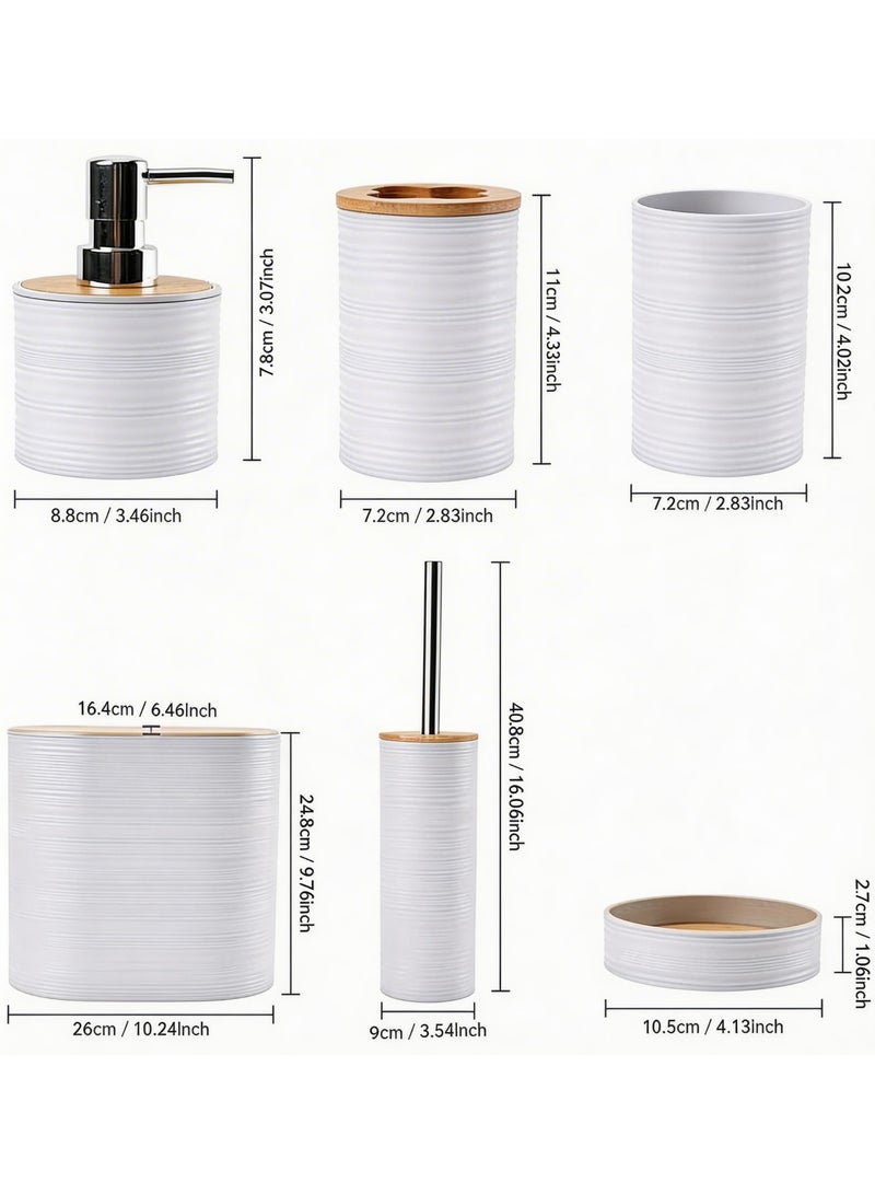 KITCHEN HERO Modern 6-Piece Elegant Bathroom Accessory Set – Includes Toilet Brush, Soap Dispenser, Waste Bin, Toothbrush Holder, Tumbler, and Soap Dish – Textured Design with Bamboo Lids (White) - Image 5