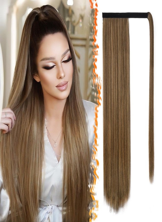 بارسدار وصلات شعر بارسدار على شكل ذيل حصان مستقيم ملفوف - ذيل حصان مستقيم بطول 26 بوصة للنساء، وصلات شعر ذيل حصان بمشابك، قطع شعر ذيل حصان صناعية - بني مع أشقر عسلي - Image 1