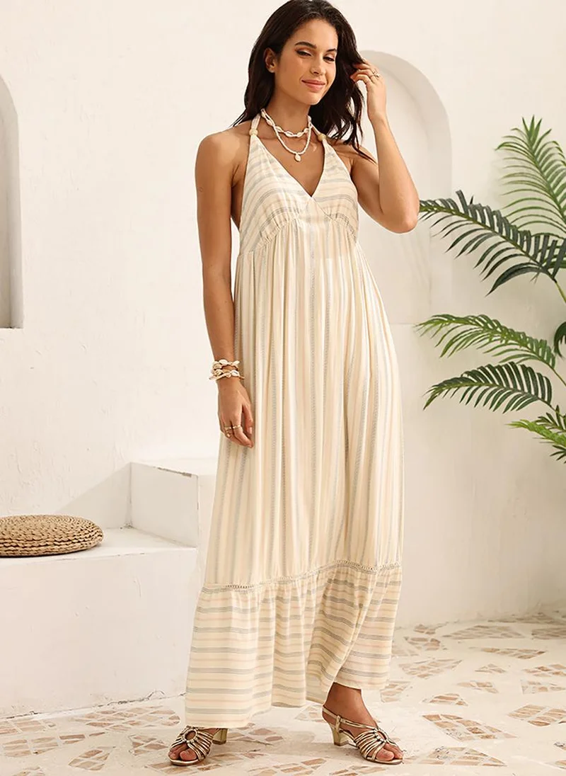 YUNIQEE Off White Fit and Flare Halter Neck Maxi Dress