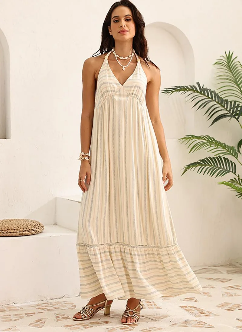 YUNIQEE Off White Fit and Flare Halter Neck Maxi Dress