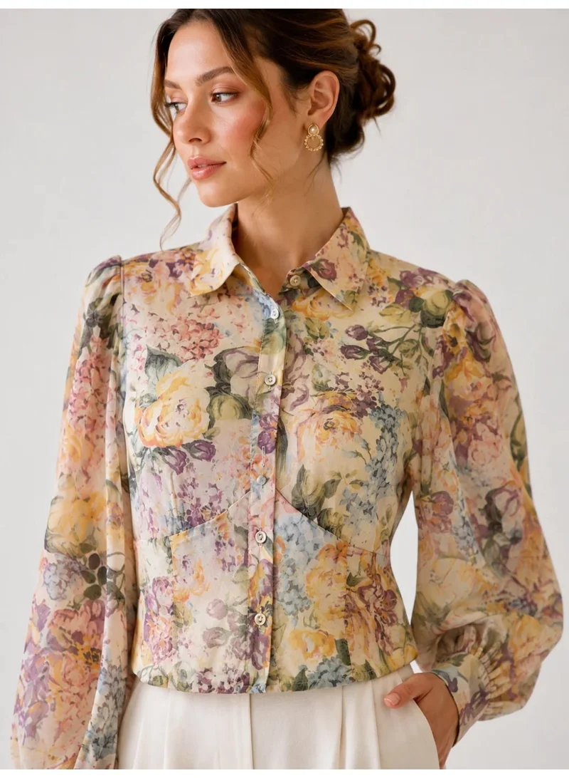 2Trendy Womens Cropped Floral Print Blouse with Sheer Balloon Sleeves - Beige