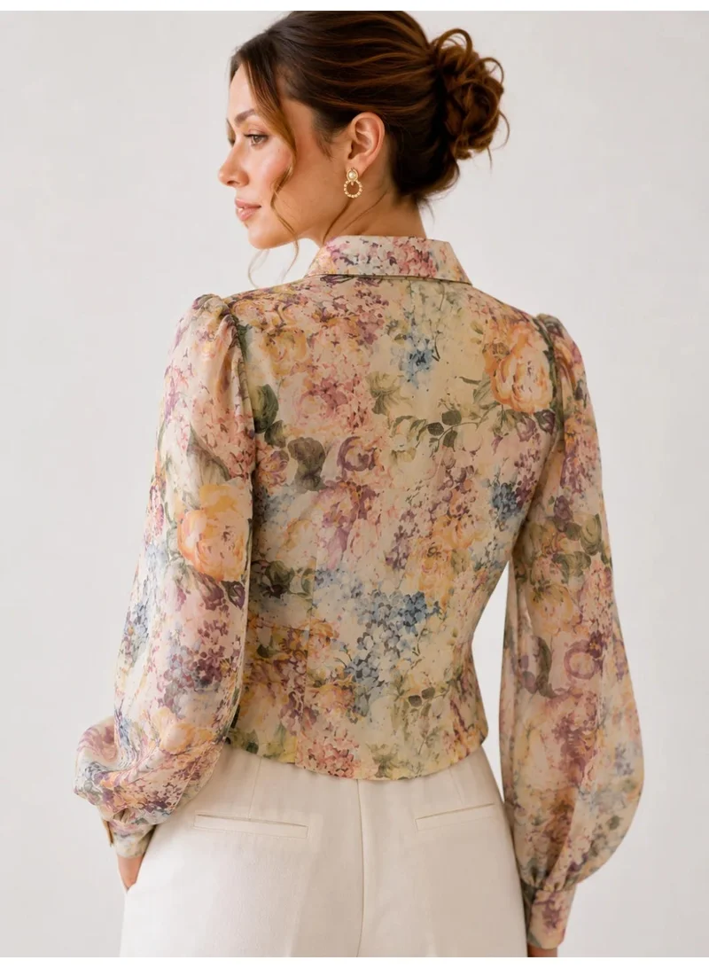 2Trendy Womens Cropped Floral Print Blouse with Sheer Balloon Sleeves - Beige