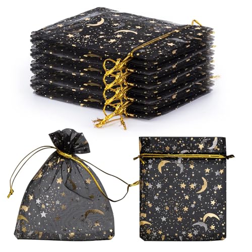GoClimber 100 PCS 4.0x4.7 Inches Moon Star Printed Orchid Organza Bags, Black Moon and Stars Bag for Make up,Candy, Gifts, Party, Jewelry, Festival, Net Favor Drawstring goody Bags - Image 3