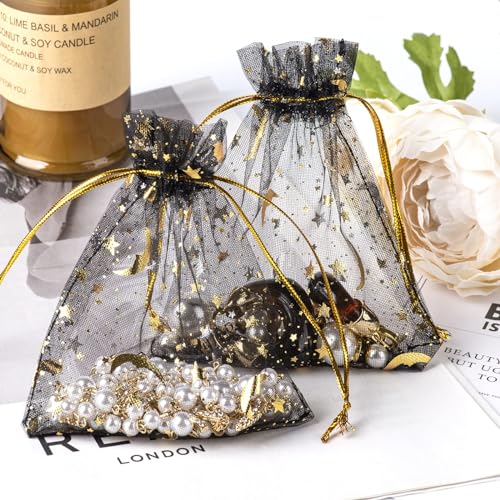 GoClimber 100 PCS 4.0x4.7 Inches Moon Star Printed Orchid Organza Bags, Black Moon and Stars Bag for Make up,Candy, Gifts, Party, Jewelry, Festival, Net Favor Drawstring goody Bags - Image 5