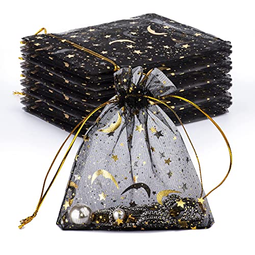 GoClimber 100 PCS 4.0x4.7 Inches Moon Star Printed Orchid Organza Bags, Black Moon and Stars Bag for Make up,Candy, Gifts, Party, Jewelry, Festival, Net Favor Drawstring goody Bags - Image 1