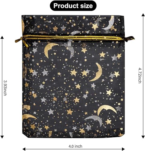 GoClimber 100 PCS 4.0x4.7 Inches Moon Star Printed Orchid Organza Bags, Black Moon and Stars Bag for Make up,Candy, Gifts, Party, Jewelry, Festival, Net Favor Drawstring goody Bags - Image 2