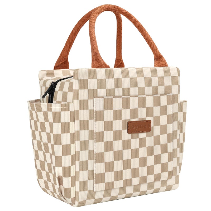Joymee Lunch Bag Women Insulated Lunch Box Corduroy Checker Reusable Leakproof Large Capacity Lunch Tote Bag for Women Men Adult with Side Pockets and Bottle Holder for Work - Corduroy Checker Brown - Image 1