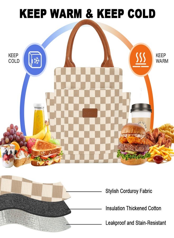 Joymee Lunch Bag Women Insulated Lunch Box Corduroy Checker Reusable Leakproof Large Capacity Lunch Tote Bag for Women Men Adult with Side Pockets and Bottle Holder for Work - Corduroy Checker Brown - Image 3