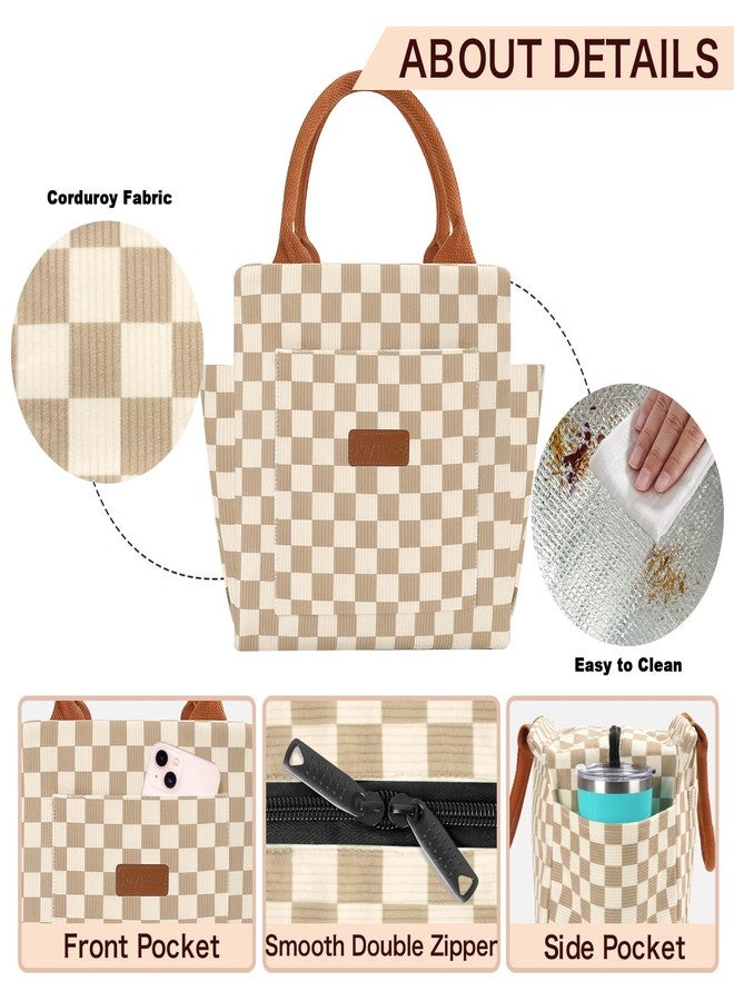Joymee Lunch Bag Women Insulated Lunch Box Corduroy Checker Reusable Leakproof Large Capacity Lunch Tote Bag for Women Men Adult with Side Pockets and Bottle Holder for Work - Corduroy Checker Brown - Image 5