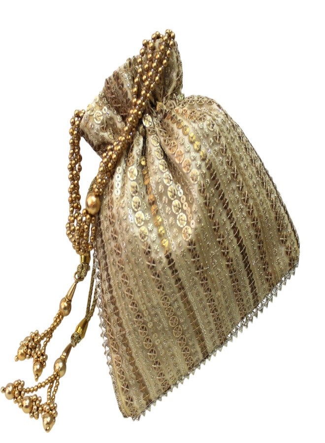 MILAN'S CREATION Fancy Potli Bag Golden Embroidery Designer Purse Drawstring Women's handbag with Pearl Handle & Tassel Weddings (Gold-Sequin) - Image 5
