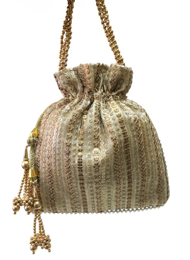 MILAN'S CREATION Fancy Potli Bag Golden Embroidery Designer Purse Drawstring Women's handbag with Pearl Handle & Tassel Weddings (Gold-Sequin) - Image 2