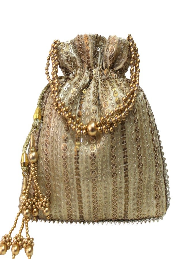 MILAN'S CREATION Fancy Potli Bag Golden Embroidery Designer Purse Drawstring Women's handbag with Pearl Handle & Tassel Weddings (Gold-Sequin) - Image 1