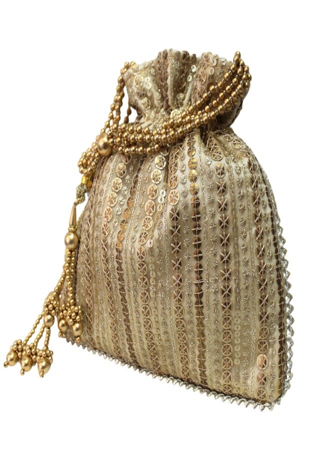 MILAN'S CREATION Fancy Potli Bag Golden Embroidery Designer Purse Drawstring Women's handbag with Pearl Handle & Tassel Weddings (Gold-Sequin) - Image 3