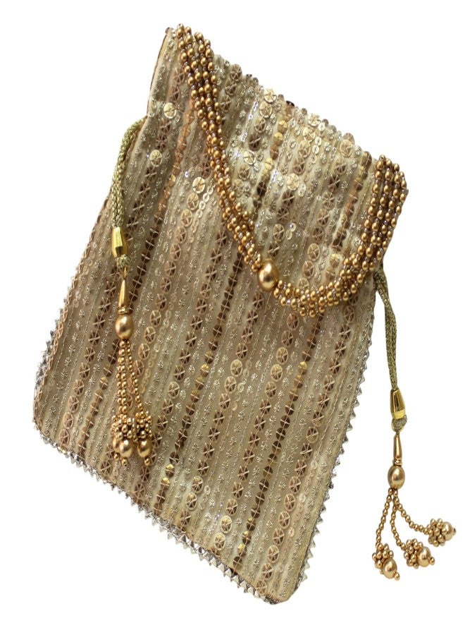 MILAN'S CREATION Fancy Potli Bag Golden Embroidery Designer Purse Drawstring Women's handbag with Pearl Handle & Tassel Weddings (Gold-Sequin) - Image 4