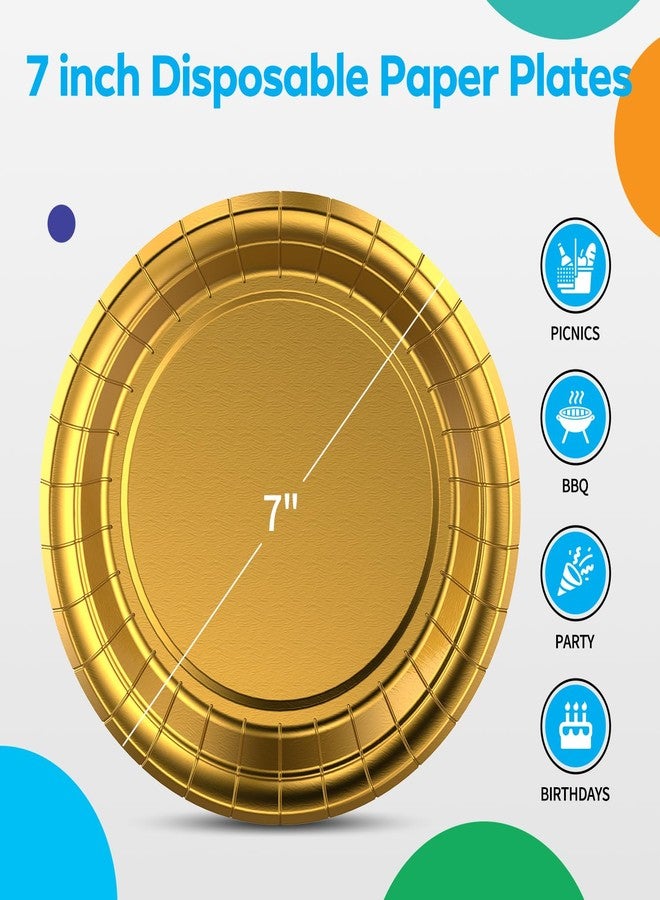 Etersky 100PCS 7 Inch Gold Paper Plates, Small Disposable Dessert Plates for Cake, Cookie, Appetizer, Heavy Duty, Solid and Eco-Friendly Party Plates for Weddings, Birthdays, BBQs, Dinner, Baby Shower - Image 3