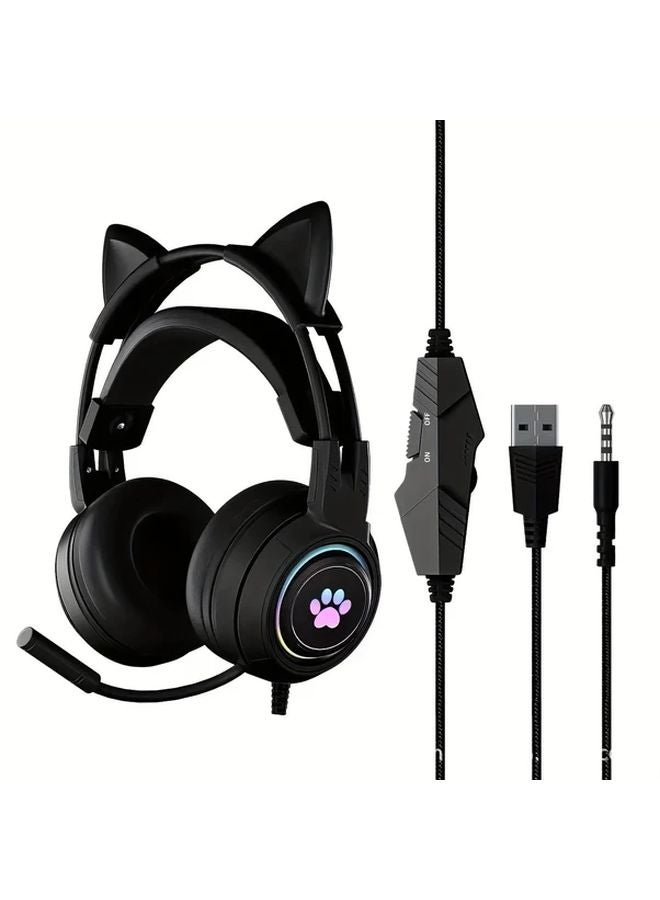 Black Cat Ear RGB Gaming Headset with Microphone for PS5 PS4 Xbox PC Switch - Image 1