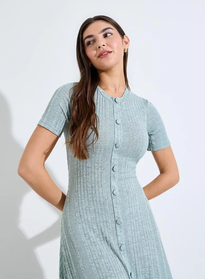 Styli Rib knit Short Sleeves A-Line Maxi Dress