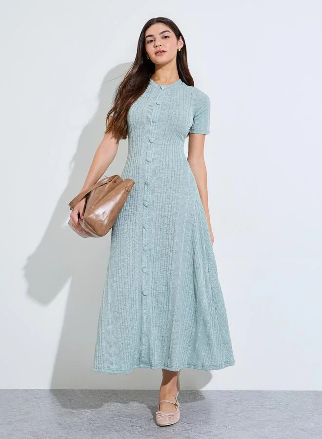 Styli Rib knit Short Sleeves A-Line Maxi Dress