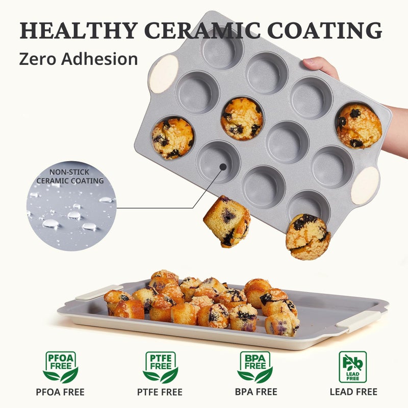 BRONYPRO 12-Cup Non Toxic Nonstick Ceramic Muffin Pan & Cupcake Tin, PFOA & PFOA Free, Heavy Duty Rust-Resistant Aluminized Steel, Oven Safe, Cream White - Image 2