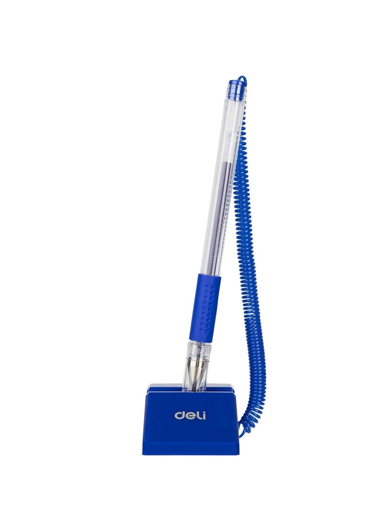 Deli E6791-BL Desk Pen with Stand â€“ Adhesive Base, 180Â° Rotatable, Soft Grip, Tethered Ballpoint Pen for Office, Reception & Counter Use, Blue - Image 2