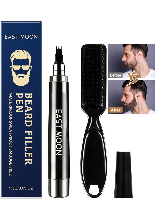 East Moon Beard Filler Pen For Men (4-Tip), Black Beard Pencil Filler For Men Waterproof Patchy Beard Solution, Natural Looking Mustache, Beard Filler Kit Long Lasting Beard Filling Pen With Brush, Shape & Define Perfect Beard - Image 1