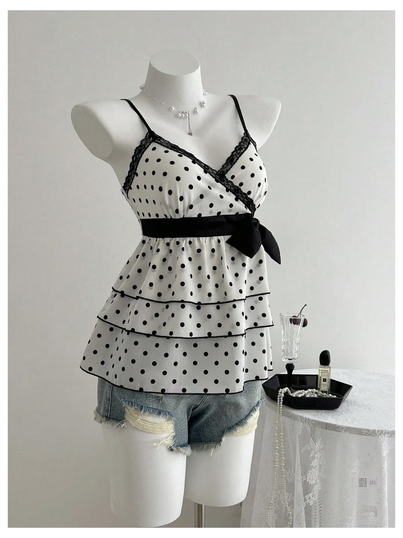 Verdusa Women's Polka Dots Tank Top Y2k Babydoll Tops Peplum Ruffle Tops White - Image 3