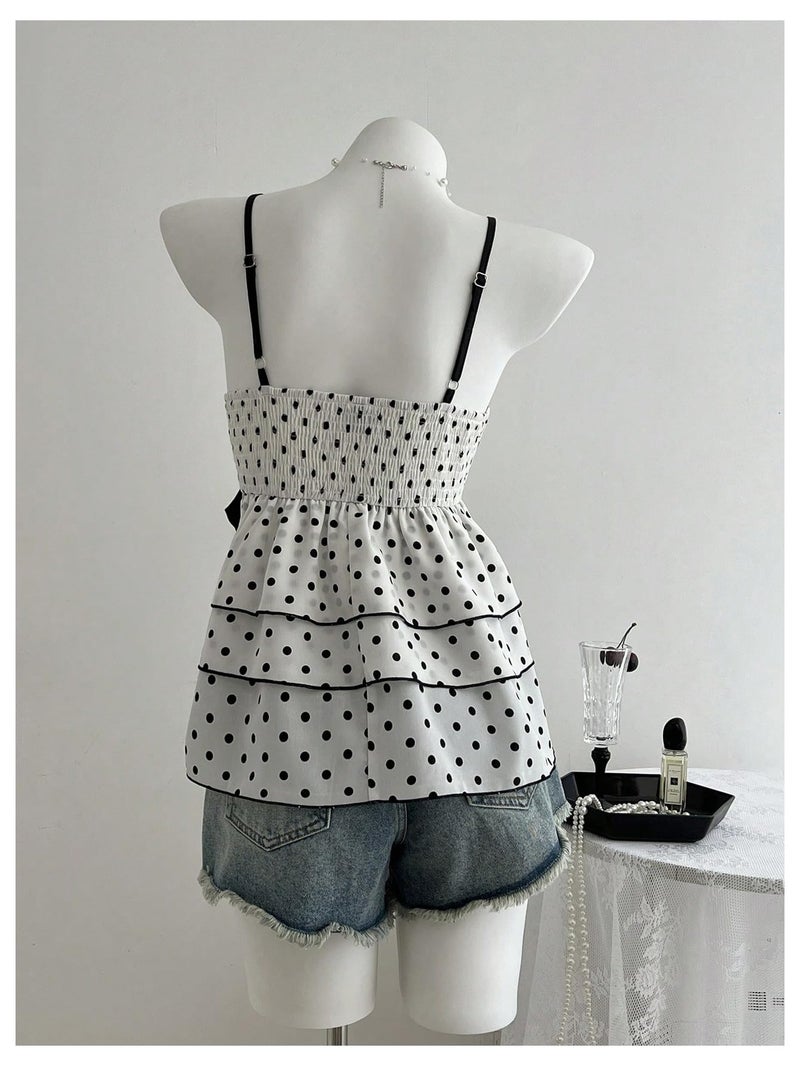 Verdusa Women's Polka Dots Tank Top Y2k Babydoll Tops Peplum Ruffle Tops White - Image 2