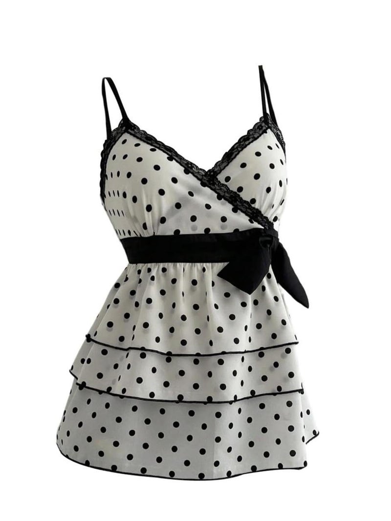 Verdusa Women's Polka Dots Tank Top Y2k Babydoll Tops Peplum Ruffle Tops White - Image 1