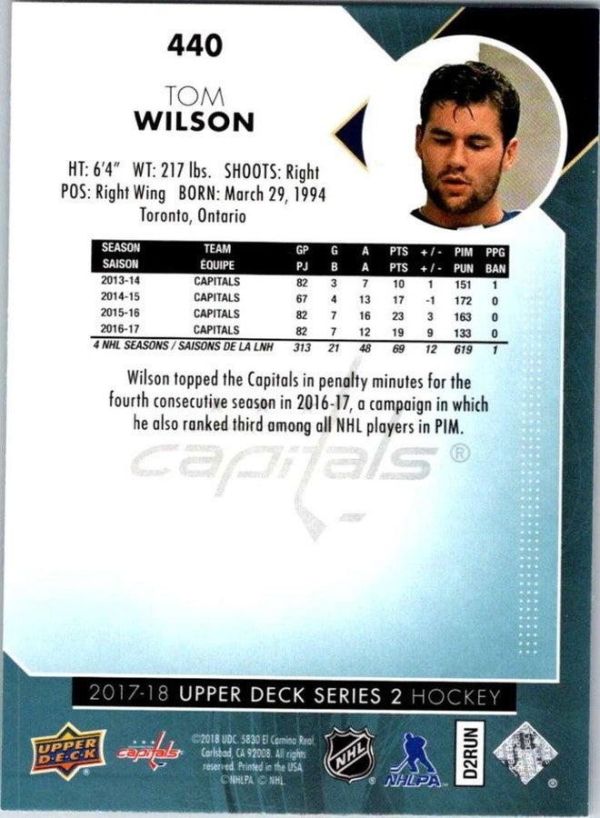 Upper Deck 2017-18 Upper Deck Series 2 #440 Tom Wilson Washington Capitals Hockey Card - Image 2