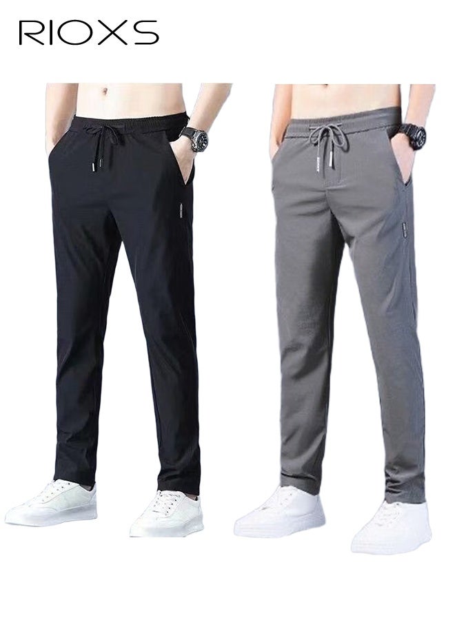 ريوكس 2 قطعة من بنطلونات الصيف الرجالية المصنوعة من الحرير المثلج، بنطلونات رياضية قابلة للتنفس وسريعة الجفاف مع حزام خصر مطاطي وجيوب،  بنطلونات كاجوال ضيقة بساق مستقيمة مع إغلاق برباط، بنطلونات رياضية مطاطية للخارج لكرة القدم والجري والتمارين الرياضية والتنقل والارتداء اليومي،  أسود + رمادي - Image 1