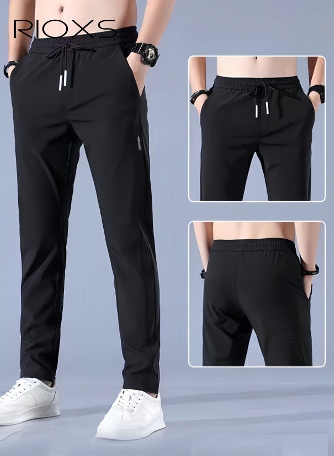 ريوكس 2 قطعة من بنطلونات الصيف الرجالية المصنوعة من الحرير المثلج، بنطلونات رياضية قابلة للتنفس وسريعة الجفاف مع حزام خصر مطاطي وجيوب،  بنطلونات كاجوال ضيقة بساق مستقيمة مع إغلاق برباط، بنطلونات رياضية مطاطية للخارج لكرة القدم والجري والتمارين الرياضية والتنقل والارتداء اليومي،  أسود + رمادي - Image 2