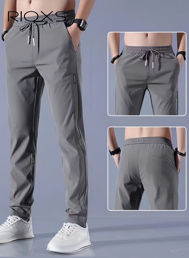 ريوكس 2 قطعة من بنطلونات الصيف الرجالية المصنوعة من الحرير المثلج، بنطلونات رياضية قابلة للتنفس وسريعة الجفاف مع حزام خصر مطاطي وجيوب،  بنطلونات كاجوال ضيقة بساق مستقيمة مع إغلاق برباط، بنطلونات رياضية مطاطية للخارج لكرة القدم والجري والتمارين الرياضية والتنقل والارتداء اليومي،  أسود + رمادي - Image 3