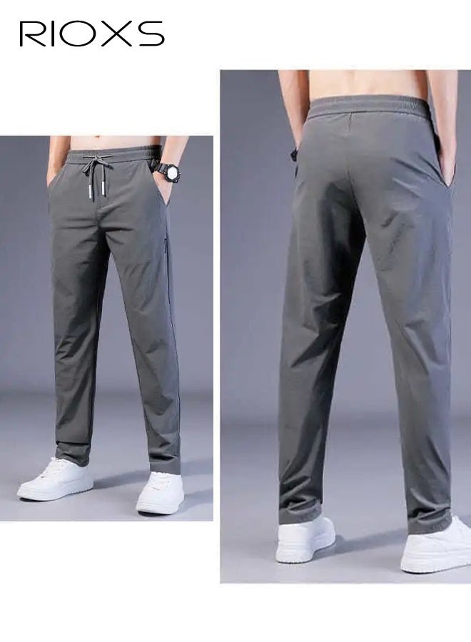 ريوكس 2 قطعة من بنطلونات الصيف الرجالية المصنوعة من الحرير المثلج، بنطلونات رياضية قابلة للتنفس وسريعة الجفاف مع حزام خصر مطاطي وجيوب،  بنطلونات كاجوال ضيقة بساق مستقيمة مع إغلاق برباط، بنطلونات رياضية مطاطية للخارج لكرة القدم والجري والتمارين الرياضية والتنقل والارتداء اليومي،  أسود + رمادي - Image 4